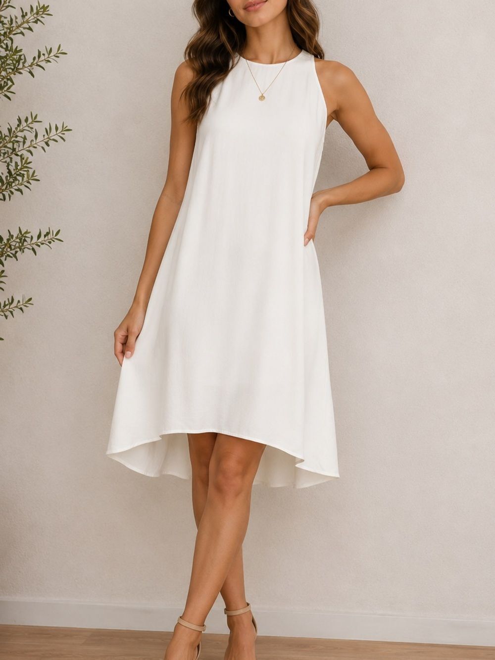 Chloe Viscose Blend Sleeveless Hi-Low Hem Knee Length Dress In Milk Size XS